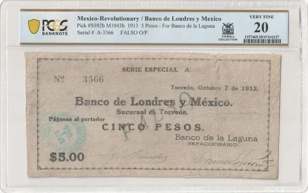Mexico Rev / Banco de Londres y Mex P#S592b M1043b 1913 5 Pesos PCGS VF20