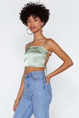 Nasty Gal Sage Green Satin Strappy Open Back Crop Top BNWT Size UK 12