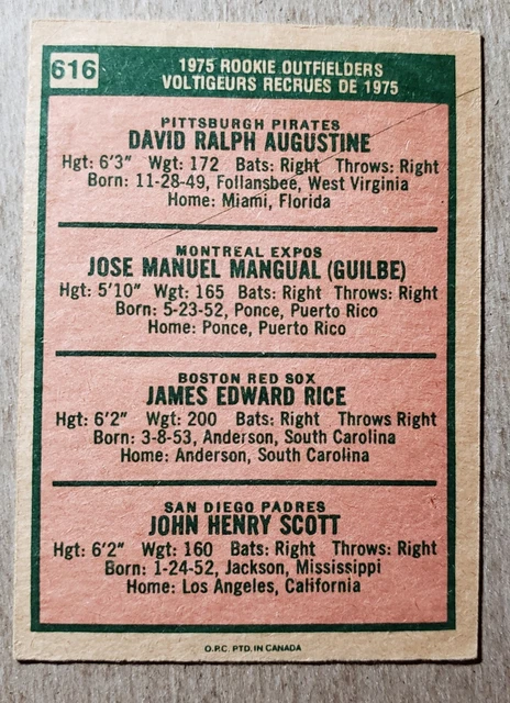 1975 O-PEE-CHEE JIM Rice RC #616 Boston Red Sox OPC recrue EUR 20,89 ...