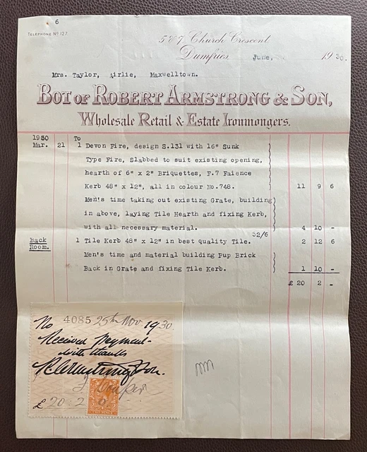 1930 Robert Armstrong & Son, Ironmongers, Church Crescent, Dumfries Invoice