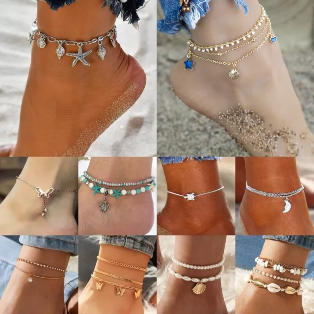 Boho Crystal Ankle Bracelet Women Gold Silver Anklet Adjustable Chain Foot Beach