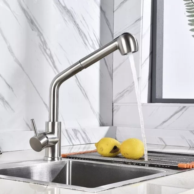 Mia Brushed Steel Pull Out Spray Modern Kitchen Mixer Tap Single Lever Swivel