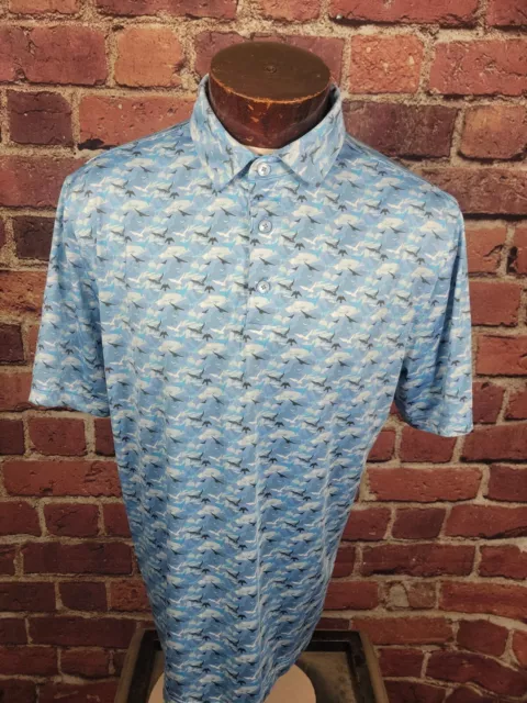 1764 Men's L Blue White Swans Abstract Short Sleeve Golf Polo Shirt 🛺