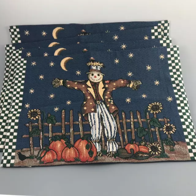 New Fall Halloween Set 4 Placemats Scarecrow Pumpkins Sunflowers Tapestry