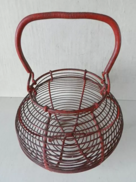 ANCIEN PANIER à SALADE / à OEUFS * en FIL de FER ROUGE * SUPER DÉCO VINTAGE