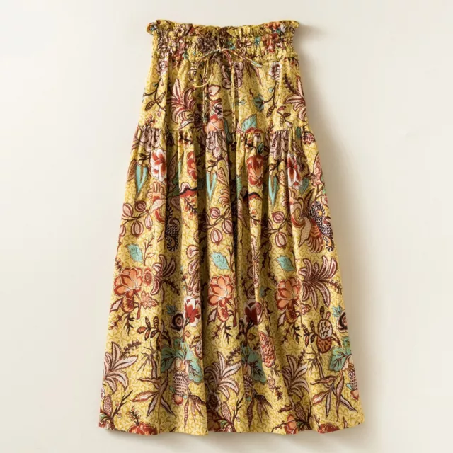 ULLA JOHNSON Cotton Floral Printed Pleated Midi Skirt for Womens Yellow