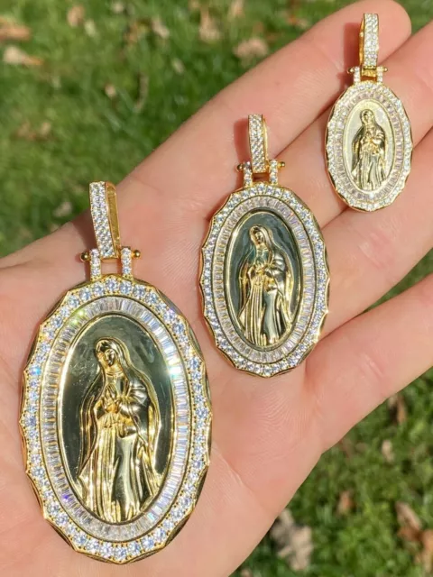 14k Gold Plated 925 Silver Virgin Mary Necklace Pendant Iced Simulated Diamond