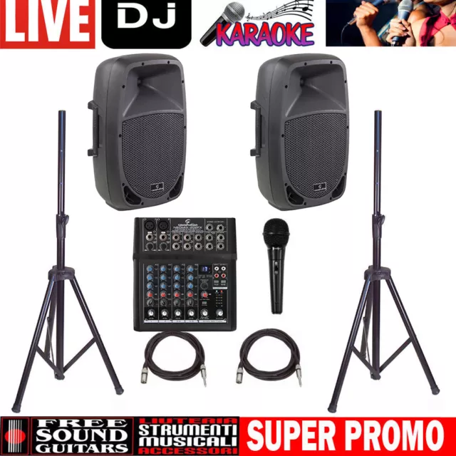 IMPIANTO AUDIO 600 watt COMPLETO PER KARAOKE DJ LIVE CASSE + MIXER + STATIVI