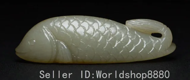 3.9" Old China Hetian Jade Carved Fengshui Animal Year Fish Lucky Amulet Pendant
