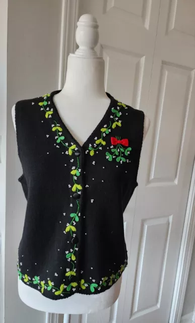 Michael Simon Christmas Black Vest w Mistletoe - Size M Medium  MINT EUC