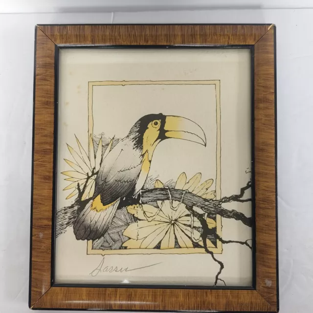 Toucan Tropical Bird Vintage Hand Painted Engraving Zebra Wood Frame Signed