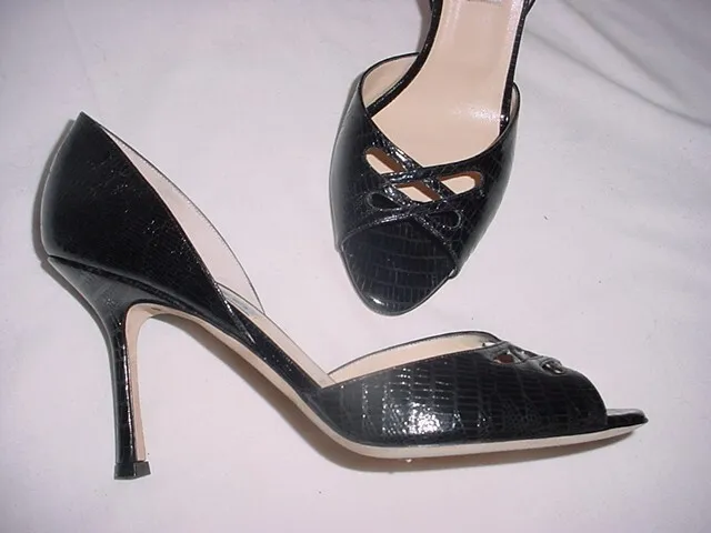 New JIMMY CHOO D'ORSAY Peep Toe Snake Embossed Pumps Heels Shoes Black 40-9.5-10