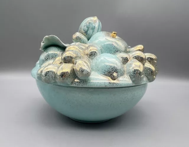 Vintage Stangl Pottery Speckled Gold Blue Covered Bowl Dish Raised Fruit Design