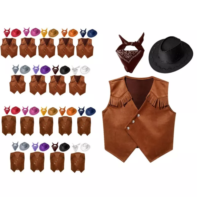Kids Boys Waistcoat With Hat And Bandana Dress Up Western Cowboy Cosplay Outfits