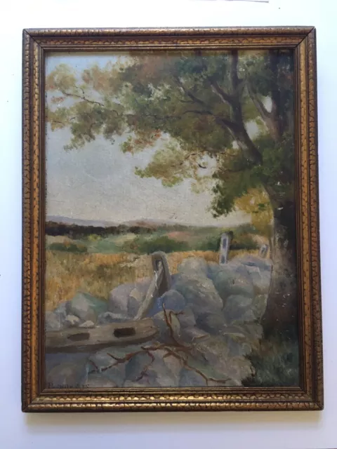 antique Early 20th Century folk art landscape painting signed Banister 1935