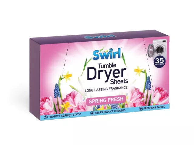 2x Swirl Spring Fresh Tumble Dryer Sheets Pack 35 Reduce Creases Freshens Fabric