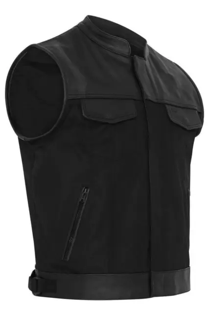 Mens Cordura Fabric Club Denim Motorcycle Vest Genuine Leather Cut Off Waistcoat