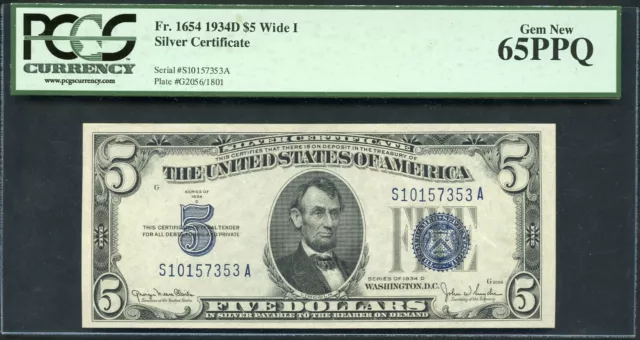 $5 Silver Certificate Fr. 1654 1934D Wide I PCGS 65PPQ