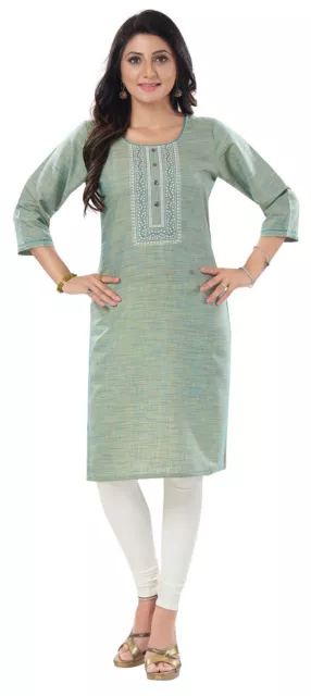 Kurtis for Women Thread Embroidery Ethnic Kurti Cotton Blend Green Dress NR119
