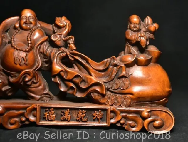 6" Rare Old Chinese Boxwood Wood Carving Happy Laugh Maitreya Buddha Statue 3