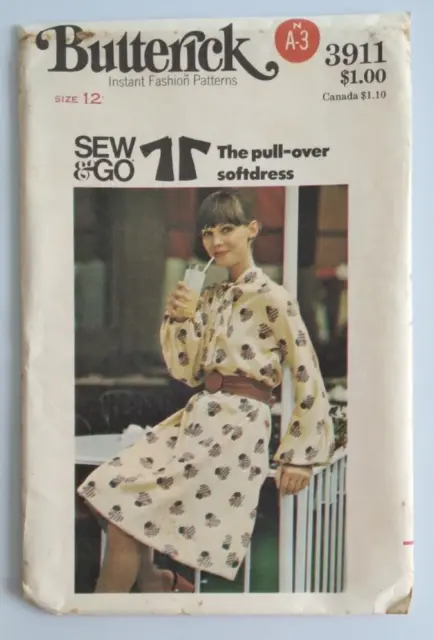 BUTTERICK #3911 MISS SIZE 12 Sew & Go, Loose-fit, Pullover DRESS PATTERN UNCUT