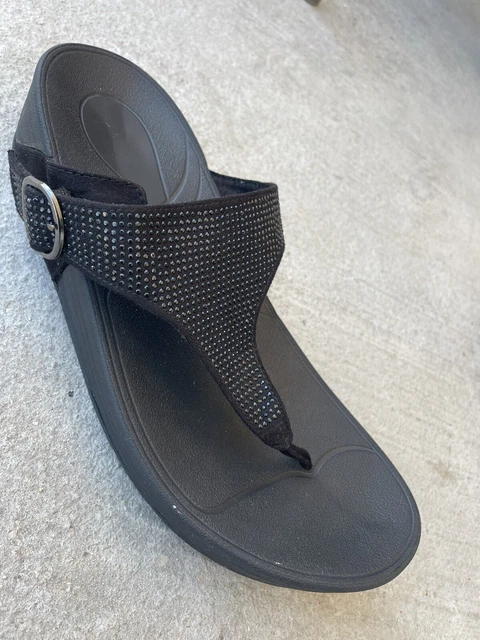 Womens Sandals 9-10 Large Black Wedge Thong Strap Buckle Platform Suede Shoes