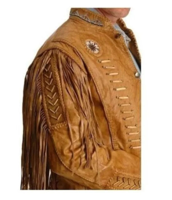 Men's Native American  Leather Jacket Fringes & Beads Cowboy Western jacket 3