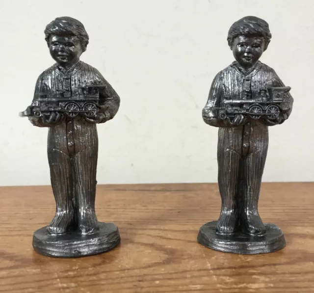 Pair Vtg Michael Ricker Pewter Christmas Train Boys Figurines Handcrafted USA