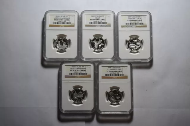 2009 S SILVER U. S. Territories State Quarters, PF 70 UC by NGC, set of 5 slabs