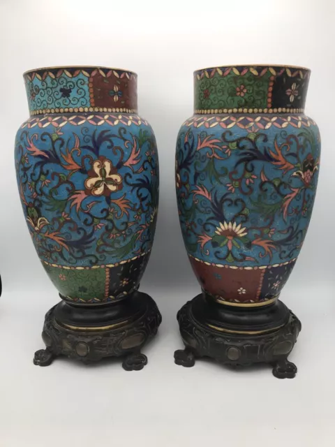 Paire d’anciens VASES en Céramique Cloisonnée à décor floral polychrome, XIXème