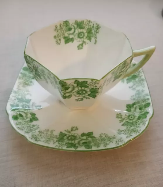 Vintage Shelley Bone China Queen Anne Green Rose & Daisy Cup & Saucer-Rare!