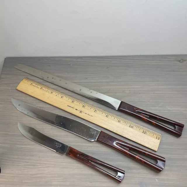 Vintage STANHOME Stainless 3 Knife Lot Serrated Brown Bakelite Handles MCM USA