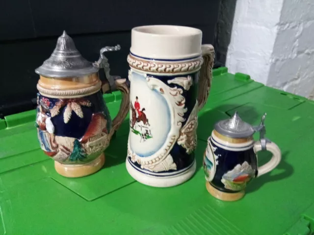 Beer Stein Ceramic Fox Hunting Vintage plus Willy Neef Stein (on left) & another