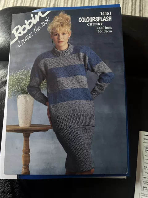 Vintage Robin Knitting Pattern 14451. Chunky Sweater & Skirt 30”-40” Inclusive