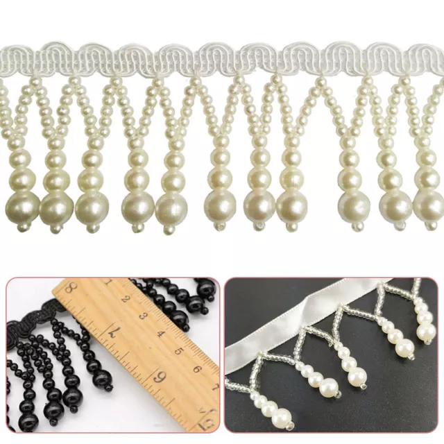 1Yard White/Black Bead Fringe Bridal Costume Tassel Sew Trim Curtain Edge Lace