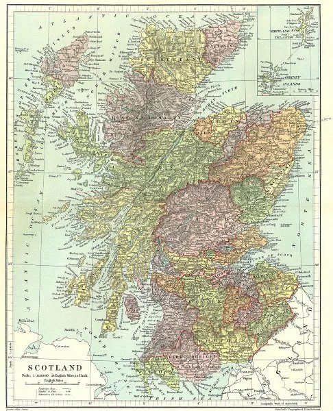 SCOTLAND. showing counties, railways towns. STANFORD 1906 old antique map
