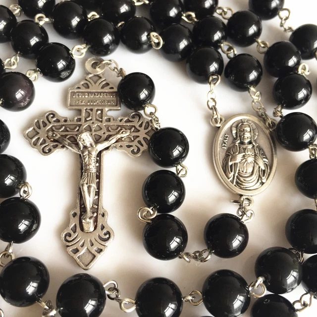 XL 10MM Black Obsidian BEAD 5 DECADE ROSARY CROSS Catholic NECKLACE Mens GIFT