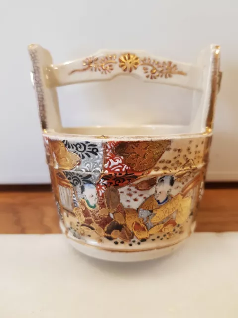 Antique Meiji Period Japanese Satsuma Art Pottery Water Bucket H5" X W4" Vgc