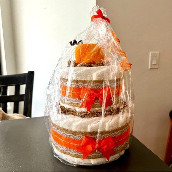 Diaper Cake NEW Handmade Etsy Baby Shower 2 Tier Gender Reveal Fall Pumpkin
