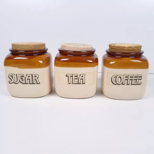 Vintage Pottery Tea Coffee Sugar Canisters Jars Cork Lids Glazed Stoneware x 3