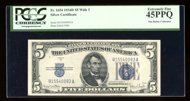 DBR 1934-D $5 Silver Fr. 1654Wi Wide I UA Block PCGS 45 PPQ Serial U15540093A