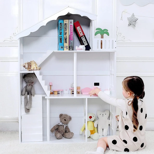 LARGE DOLLHOUSE TOY Kids White Wooden Bookshelf Bookcase Storage Shelf