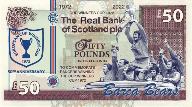 Novelty Rangers Barca Bears Commemorative £50 Banknotes, Smakeroonies Poonds.