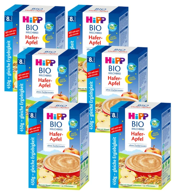 6x 450g HiPP Bio Papilla Lacteada Gute Noche Avena Manzana sin Azúcares Añadidos