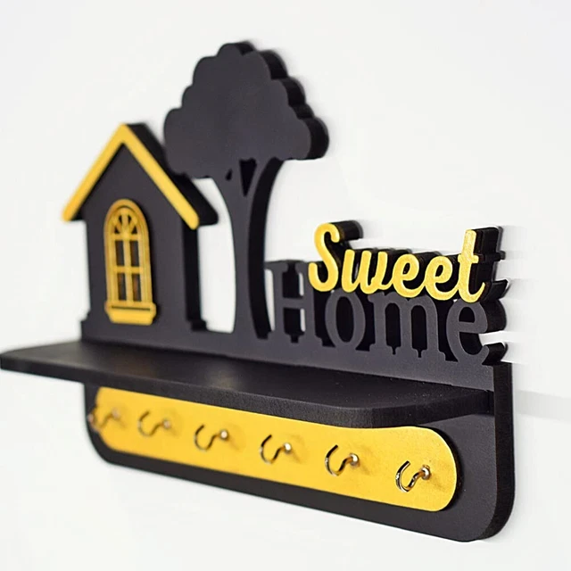 Wall Mounted Wooden Beautiful Sweet Home Design Key Holder With 6 Hooks, Multi