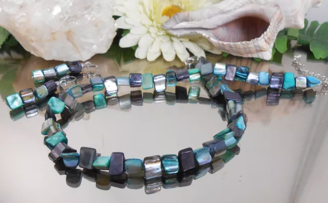 2er Set Collier + Ohrringe Perlmutt Muschelperlen Nuggets Seegrün Violett