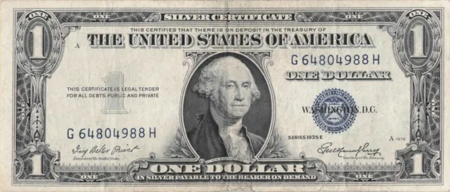 Series 1935-E Silver Certificate One Dollar Bill G64804988H Blue Seal