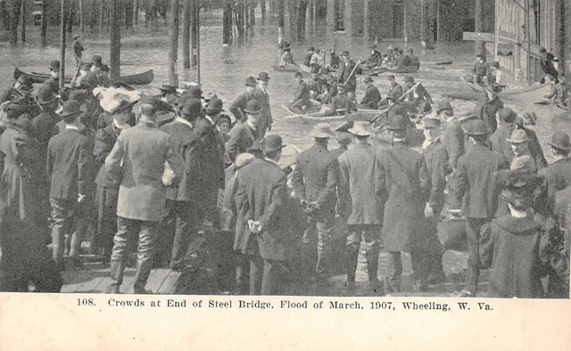 Crowds End of Steel Bridge Flood 1907 Wheeling West Virginia Unposted Postcard