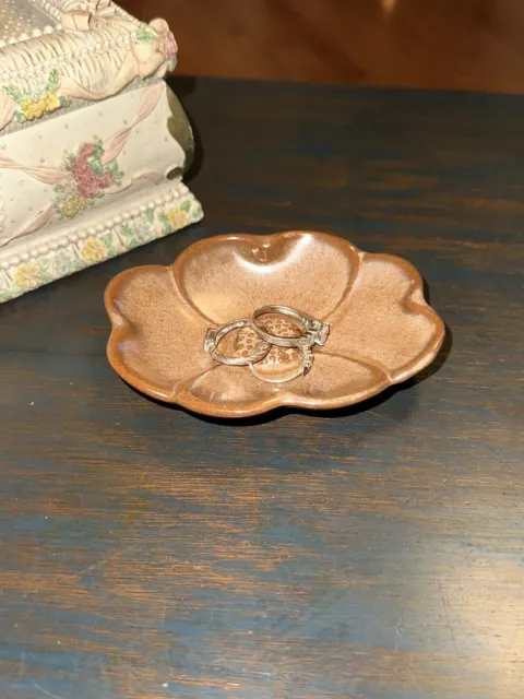 Vintage Frankoma Pottery  Flower Jewelry Trinket Dish Stamped #477 AUBURN BROWN