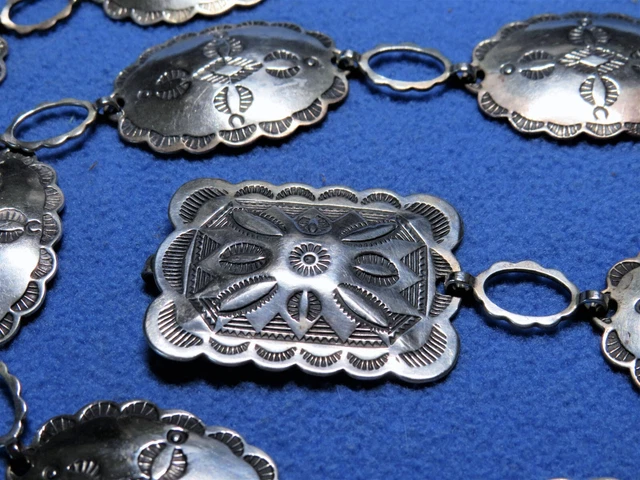 1940s-50s Navajo sterling silver stunning stamp work 16pc. Concho Belt 31-1/4"
